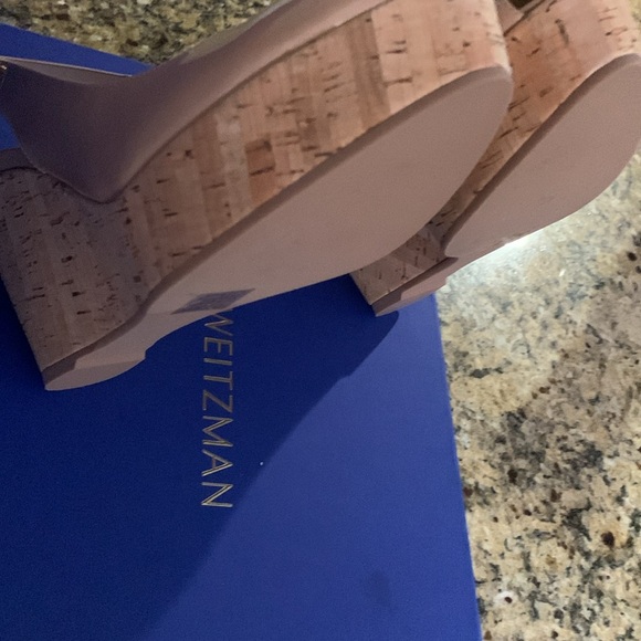 Stuart Weitzman Open Toe Platform Wedge Sandals -Patent Tan/ with Cork Platform - Picture 9 of 16